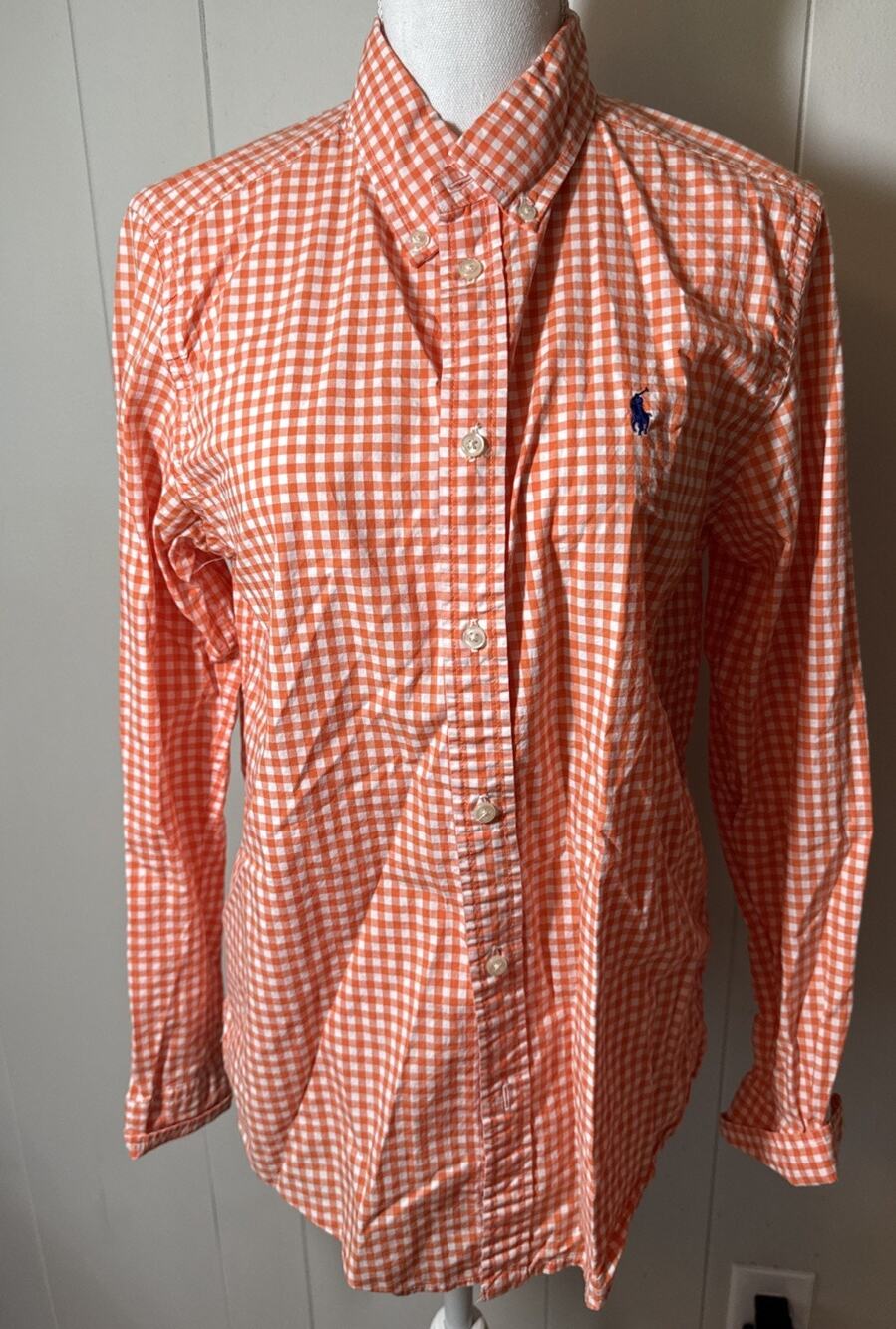 Ralph Lauren Mens XL 18/20 Gingham Button Down Shirt Orange White Pony Logo YY